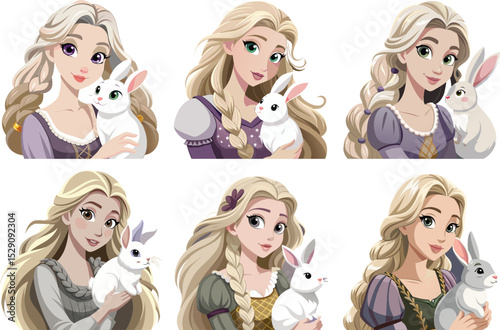 Portraits of princesses with white rabbits.