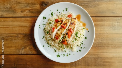 Delicious cooked seafood dish with white rice garnished with fresh herbs served on a white plate placed on a wooden surface photo