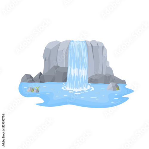 Mountain waterfall png. Vector cartoon set with blue river flow, paradise scenery, and flat cliff design. Perfect for ecology themes, tropical landscapes, and nature travel illustrations.

