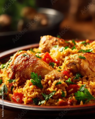 closeup shot ready to serve arroz con pollo on plate shallow  warm natural lighting studio background