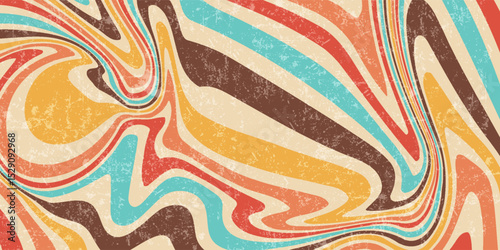 Abstract Retro 70s colorful sun with rays on vintage background. Groovy banner, poster or postcard. Vector illustration.