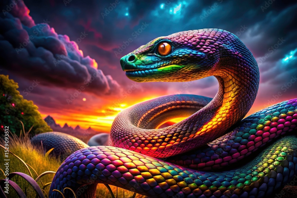 Fototapeta premium Dark canvas, vibrant neon serpent; modern nature photography reimagined.