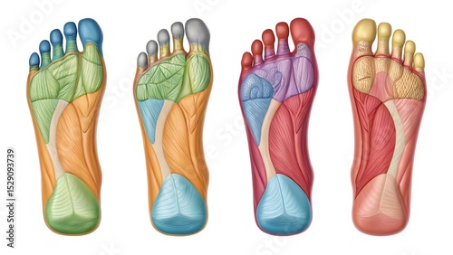 Set of Four Realistic Foot Anatomy Illustrations Showing Top, Bottom, Side, and Back Views