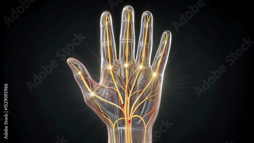 Medical Illustration of Palm Nerve Structure and Sensory Corpuscles Highlighted in Neon
