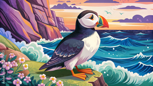 puffin standing on a rugged cliff near ocean spray ideal for coastal wildlife scenes, birdwatching themes, and nature-inspired designs