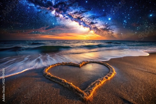 Dark, dramatic coastal scene: a heart in the sand, washed by ocean waves under a starry night.