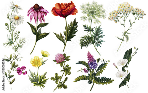 Set of wildflowers. Chamomile, poppy, alfalfa, bindweed, yarrow, pea, buttercup, clover, wild carrot, echinacea. Collection of medicinal plants. Prints with meadow flowers