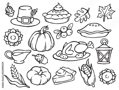 Set of simple vector illustrations in doodle style on the theme of cozy thanksgiving. turkey, pumpkin, pie