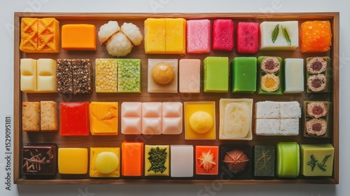 Assorted Traditional Japanese Wagashi Sweets Displayed in a Wooden Box with Various Colorful and Intricately Designed Confections for Cultural Celebration