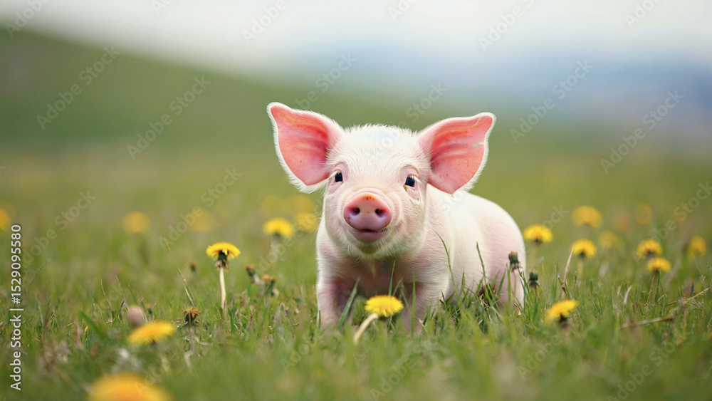 Fototapeta premium Smiling Piglet in the Meadow: A charming piglet frolics through a lush meadow dotted with wildflowers. The little pig, with its adorable appearance.