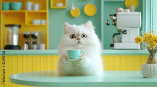 Adorable Fluffy White Cat Sitting at a Kitchen Breakfast Table Holding a Light Blue Cup with a Modern Bright Yellow and Green Kitchen in Background
