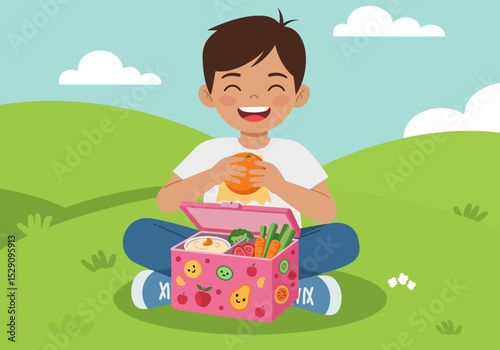 A child sits on grass with a pink lunchbox holding an orange under a blue sky with white clouds