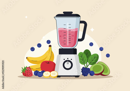 A cartoonstyle drawing of a blender surrounded by various fruits and vegetables against a beige background
