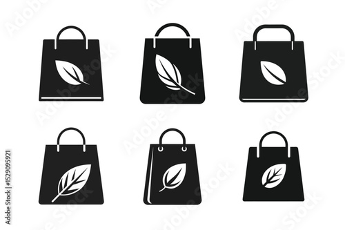 Six variations of eco friendly shopping bag icons. Vector illustration of a shopping bag with green leaves, an icon of business and travel design