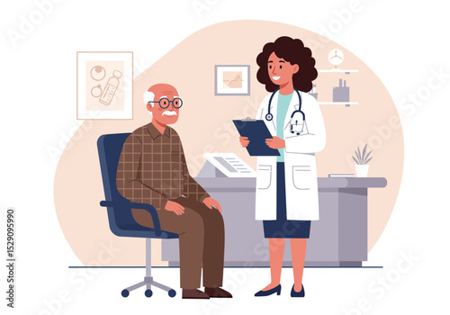 A doctor holding a clipboard stands beside an elderly man seated in a chair during a medical consultation in an office