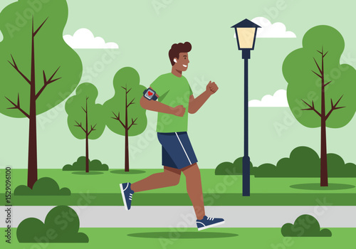 A man is running in a park He has a watch on his arm and is wearing headphones