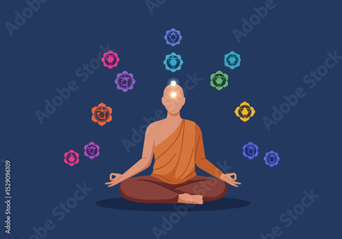 A meditating figure sits crosslegged surrounded by 7 colorful chakras in a stylized scene