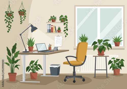 A plantfilled workspace with a desk chair laptop  shelves by a window Plants hang  sit on surfaces