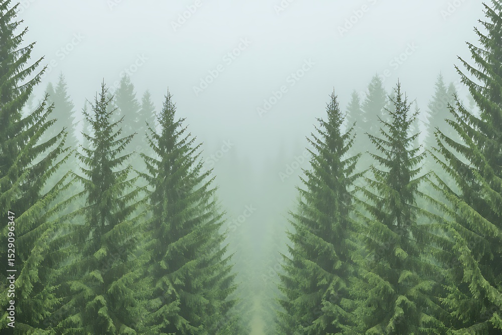 Fototapeta premium Misty Forest Landscape Serene Evergreen Trees in Fog
