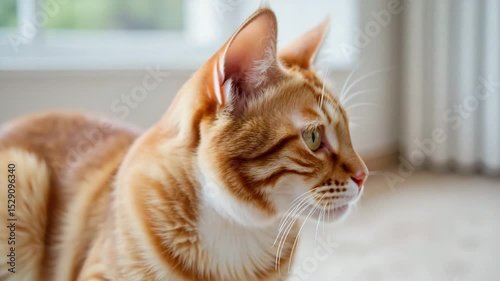 Orange cat observing its surroundings by the window indoors  