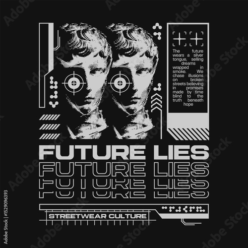 Streetwear graphic t-shirt design for print, Geometric brutalism with futuristic style, Urban apparel clothing design for brand, Urban culture typography lettering for tee and poster
