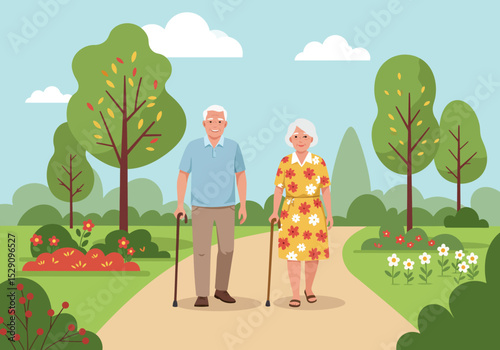 Elderly couple strolling in a park walking sticks in hand surrounded by trees and flowers