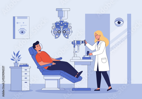 Eye exam doctor uses ophthalmoscope on seated patient in clinic