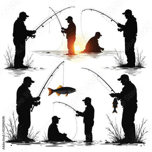 Silhouette Set of Fishermen Casting Lines, Enjoying a Peaceful Day of Fishing
