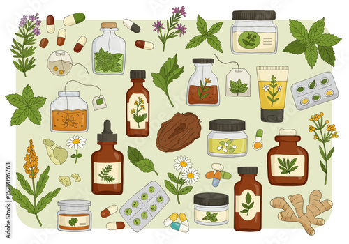Herbal remedies are displayed herbs pills syrups ointments dried root and more against a light green background
