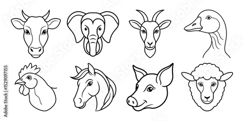 Animal line art vector set on white background, icon collection