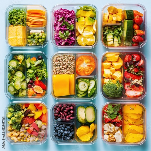Overhead view of colorful meal prep containers filled with balanced healthy meals, showcasing fresh ingredients, portion control, and organized planning for a nutritious lifestyle