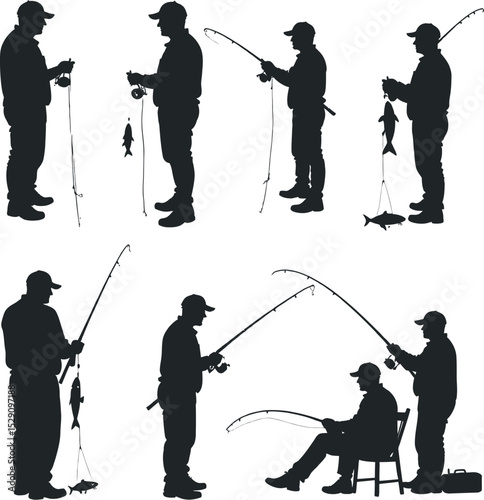 Silhouette Illustrations of a Fisherman Holding Rod and Fish in Various Poses