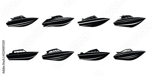 Set of vector speed boat silhouette on white background