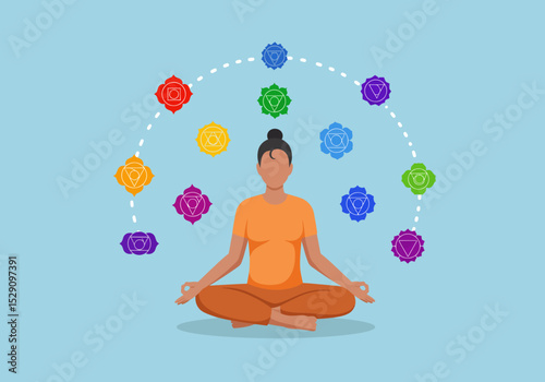 Person meditating with chakra symbols surrounding them in a semicircle