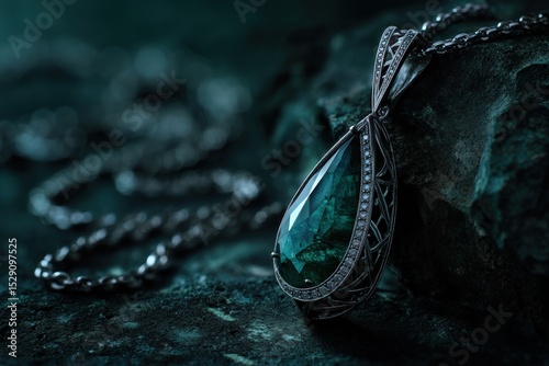 Editorial fashion shot of luxury emerald pendant, showcasing intricate metalwork and light reflections, captured in a dark background to evoke a prestigious and elegant vibe photo