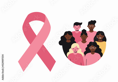 Pink ribbon beside diverse group of people in circle illustration