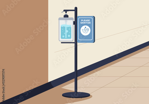 Sanitizer dispenser a pump bottle  sign on a stand indoors