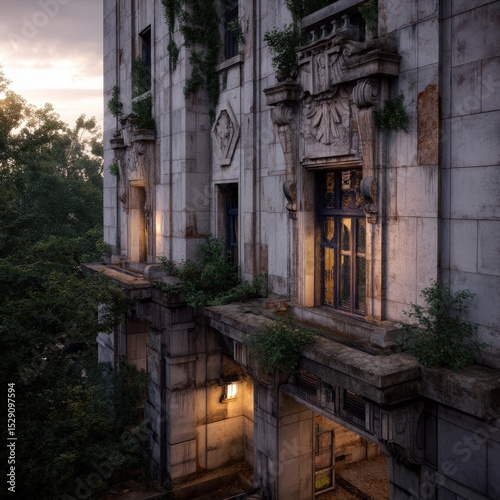Abandoned customs building at dusk with faded emblems and overgrown lanes, captured to represent changing borders, fading authority, and historical transitions