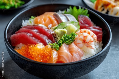 Luxury chirashi bowl with premium sashimi arranged over seasoned rice in dark ceramic vessel