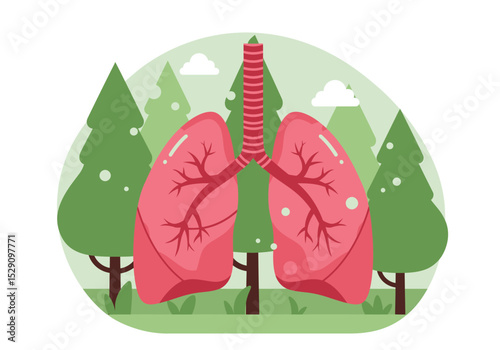 Stylized human lungs are shown amidst trees clouds and grass in a naturethemed illustration