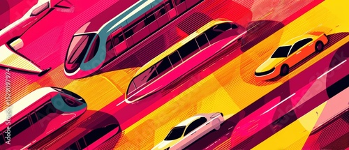 Professional graphic design showcasing sleek transportation vehicles with dynamic diagonal lines and vibrant lighting perfect for contemporary innovation marketing campaigns