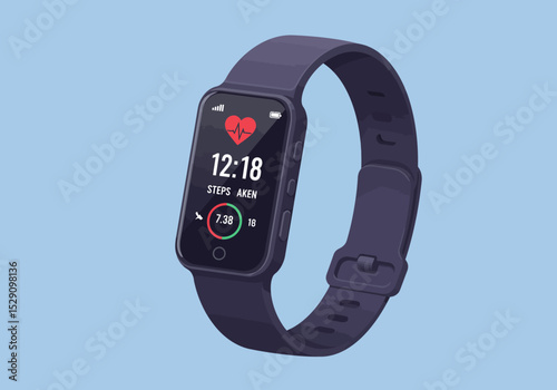 Wrist device displays time 1218 steps heart rate on a light blue backdrop