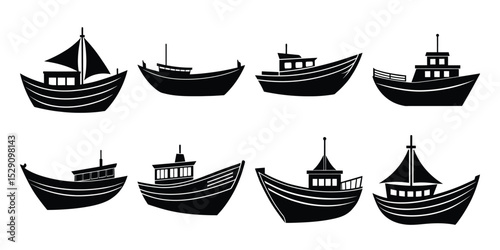 Set of vector boat silhouette on white background