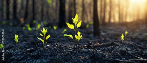Forest ecosystem showing signs of regeneration after wildfire, with new green growth emerging from charred earth, symbolizing ecological resilience and hope, nature photography with morning light
