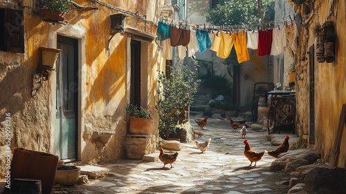 Sunlit alley with chickens, laundry drying overhead, and rustic charm.