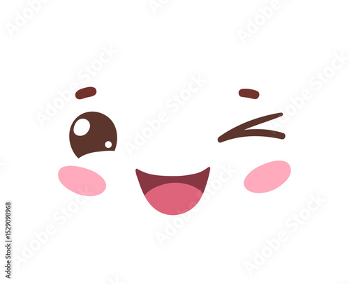 Vector illustration of a winking cartoon face with smile and blush. Flat isolated illustration.