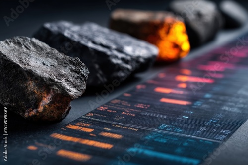 Close-up of coal oil and gas samples arranged in chronological geological timeline with carbon emission data overlay, ideal for energy education and environmental science concepts
