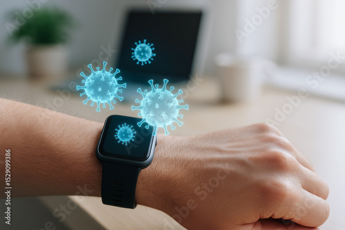 A person wearing a smartwatch with digital virus icons hovering above the screen, symbolizing health monitoring or virus detection technology.