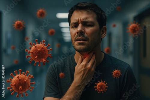 A man grimaces in pain, clutching his throat, surrounded by floating virus particles symbolizing infection or illness.