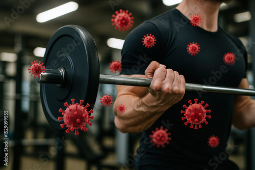 Man lifting a barbell in a gym surrounded by digitally added floating virus particles, symbolizing health risks or challenges during exercise amid a pandemic.